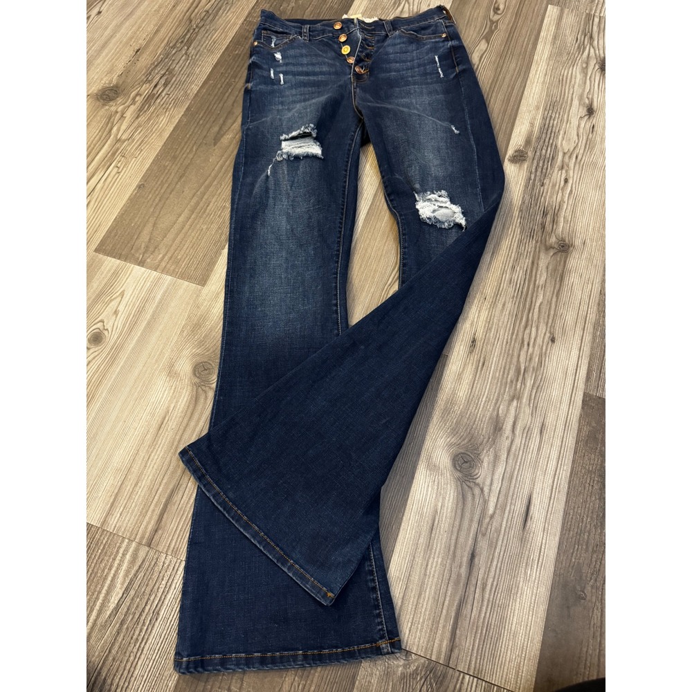 Altar'd State Womens Distressed Flare Jeans Dark Wash Button Fly Size 26/3